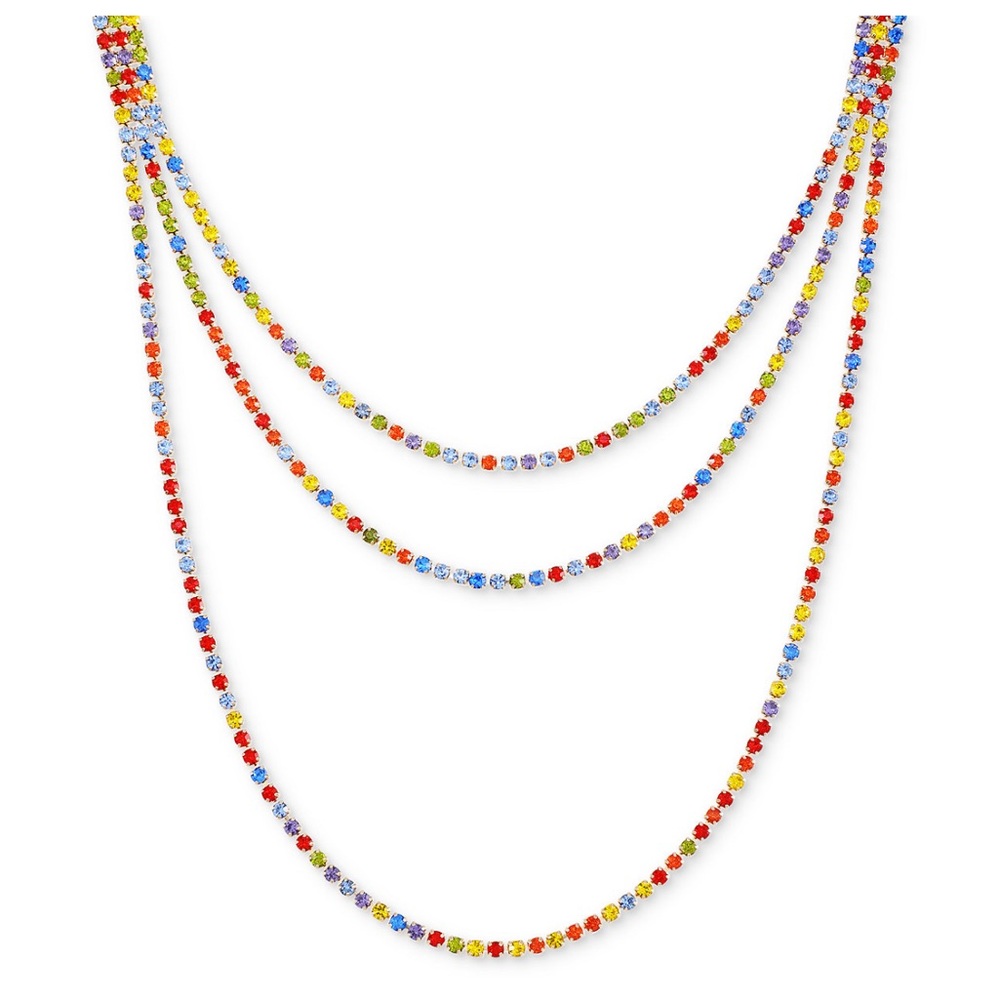 NEW!! Guess Gold-Tone Multicolor Rhinestone Three-Row Tennis Necklace